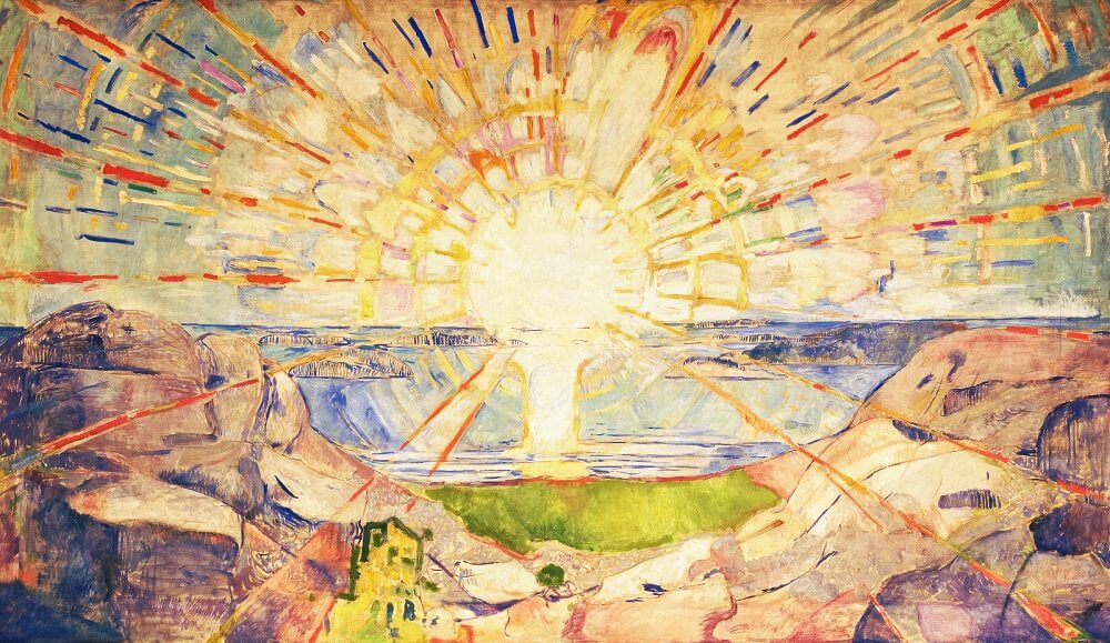 a painting of an extremely bright sun rising over a diverse natural landscape