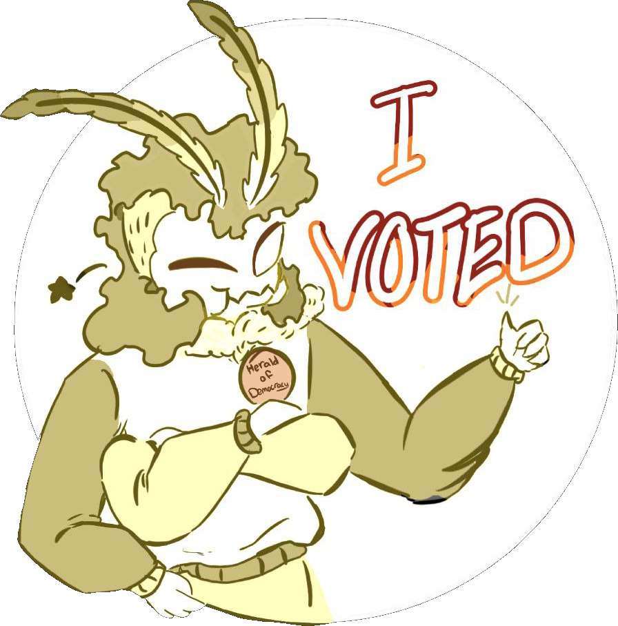 a sticker of Moss, a mothperson, proudly proclaiming I Voted and giving a thumbs up